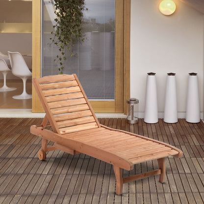 Outdoor Wooden Lounger Chair, Sun Bed with Built-In Table, Adjustable Backrest and Wheels, Red Brown