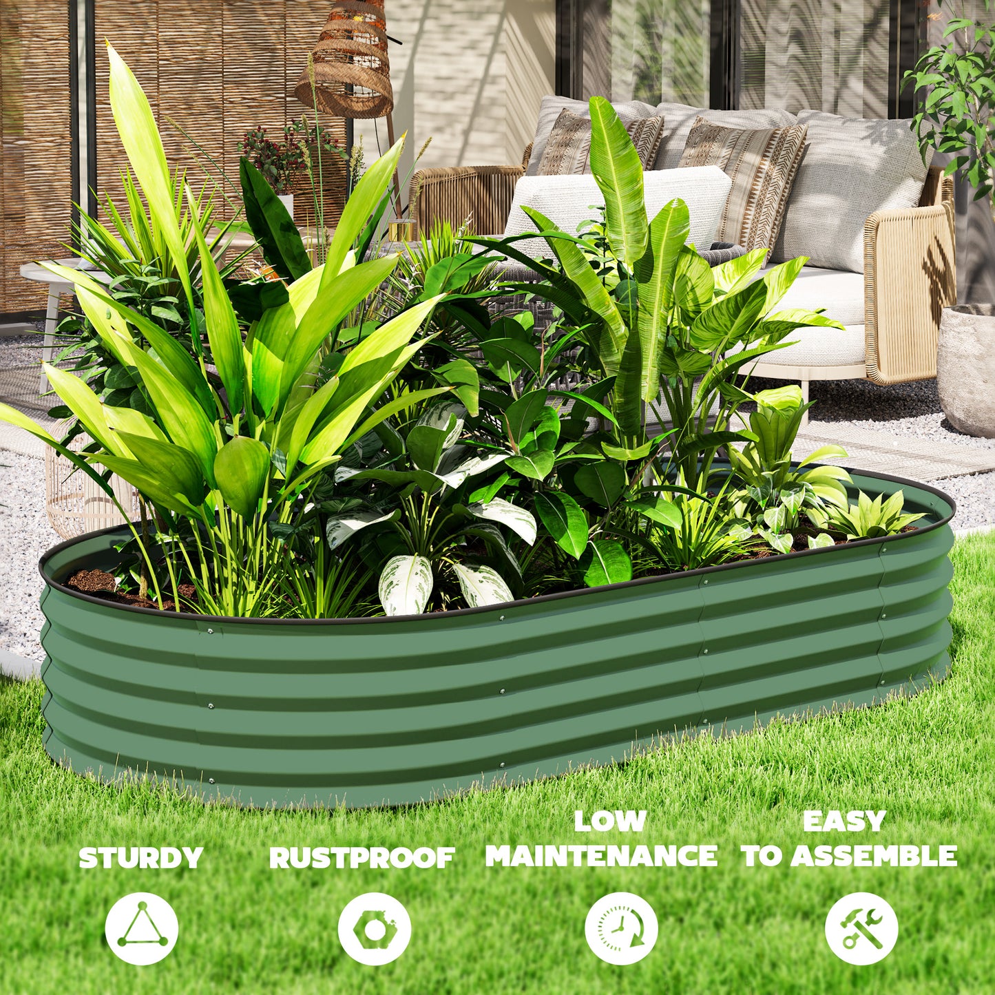 Set of 2 Raised Beds for Garden with Metal Plant Stakes, Green