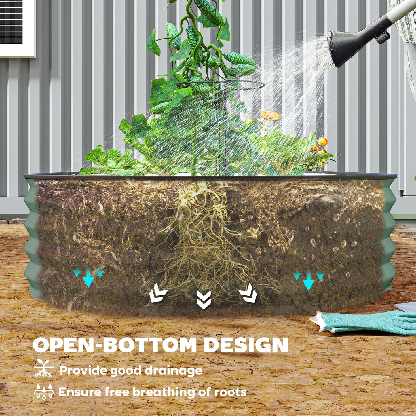 Set of 2 Raised Beds for Garden with Metal Plant Stakes, Green