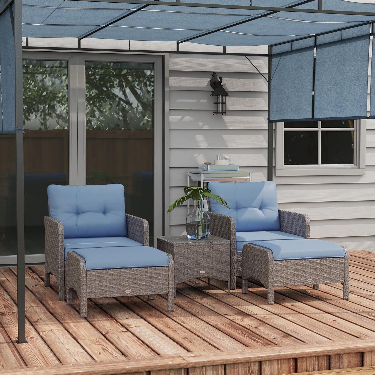 5 Pieces PE Rattan Garden Furniture Set, Wicker Outdoor Set w/ 2 Armchairs 2 Stools Glass Top Table Cushions, Blue