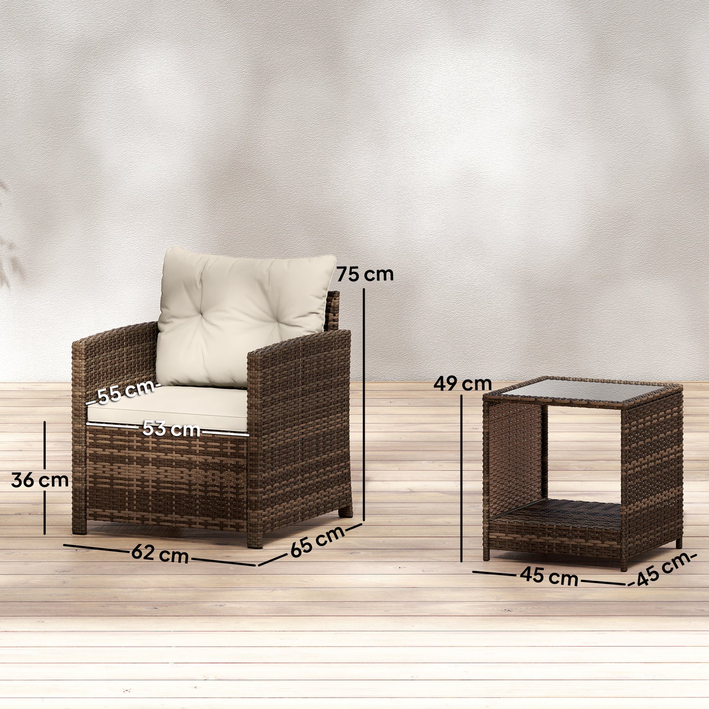 Rattan Garden Furniture Bistro Set with Cushion, Mixed Brown