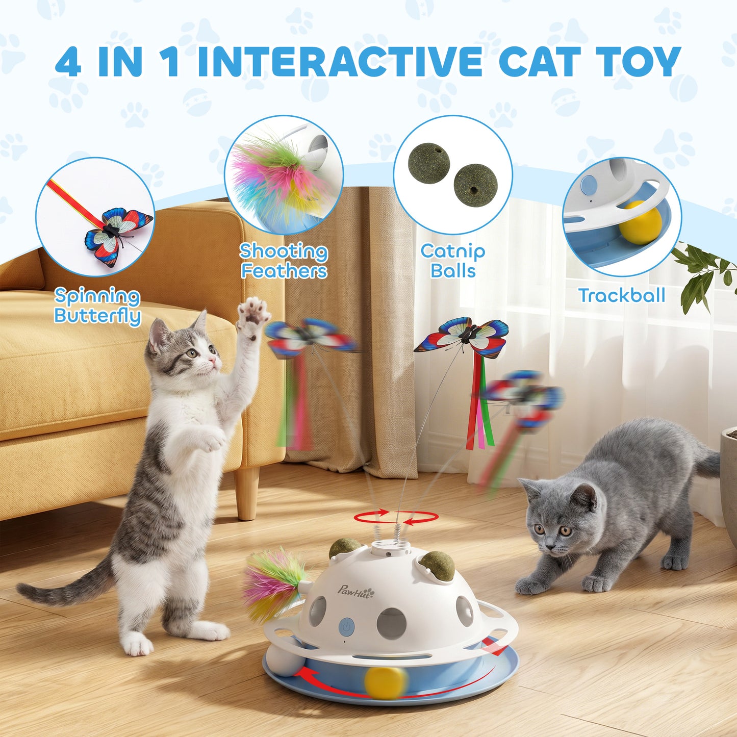 4-in-1 Interactive Cat Toys for Indoor Cats Adult, Automatic Smart Sensing Kitten Toy with Spinning Butterfly, Shooting Feathers & Catnip Balls, Dual Power Mode for Boredom Relief