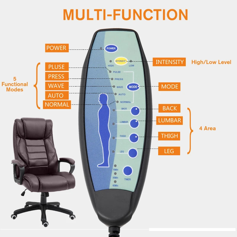 High Back Executive Office Chair 6-Point Vibration Massage Extra Padded Swivel Ergonomic Tilt Desk Seat, Brown