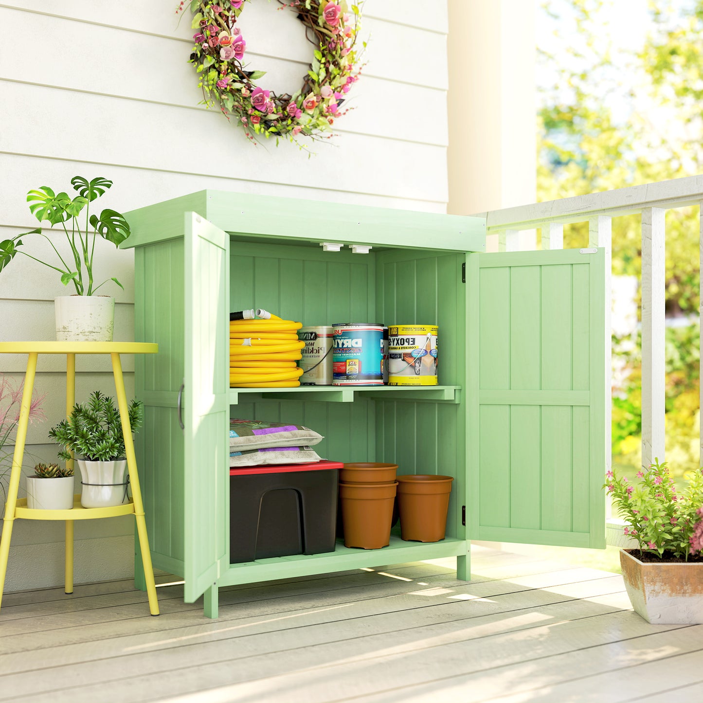 Wooden Garden Shed w/ Hinged Roof, 74x43x88cm, Light Green