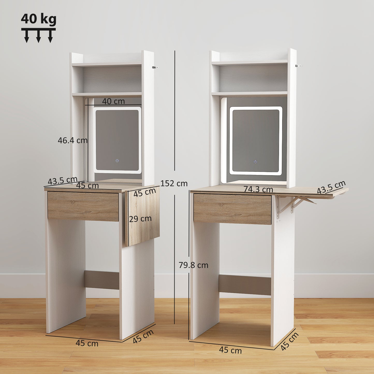 Compact Dressing Table with Lighted Mirror Open Shelves Drawer White
