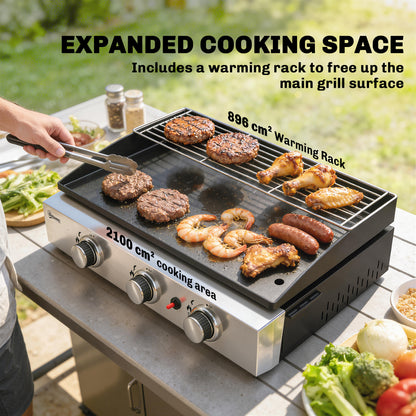 3 Burner Grill Griddle, Tabletop Gas BBQ with Grease Cup, Black