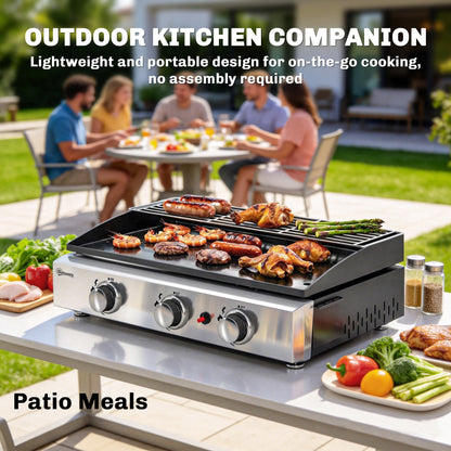 3 Burner Grill Griddle, Tabletop Gas BBQ with Grease Cup, Black
