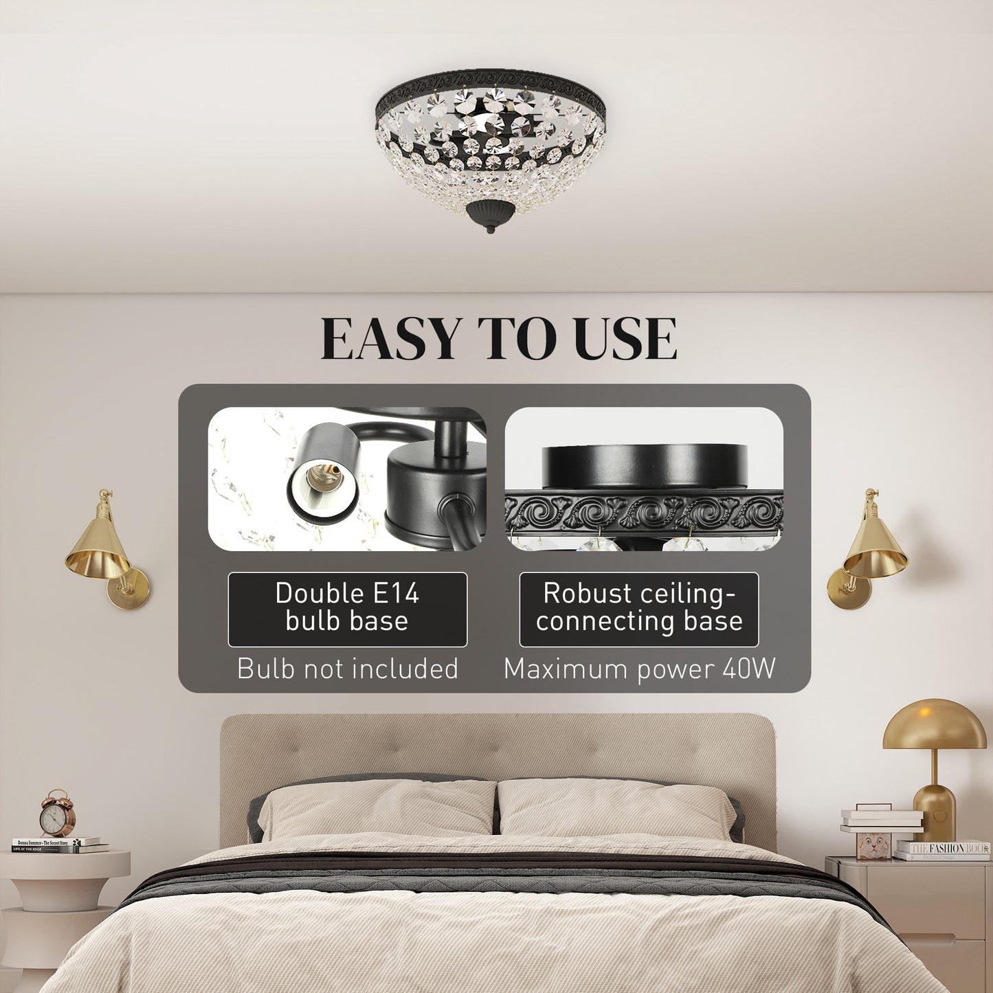 Chandelier Crystal Ceiling Light with E14 Base 2-Lights, Black