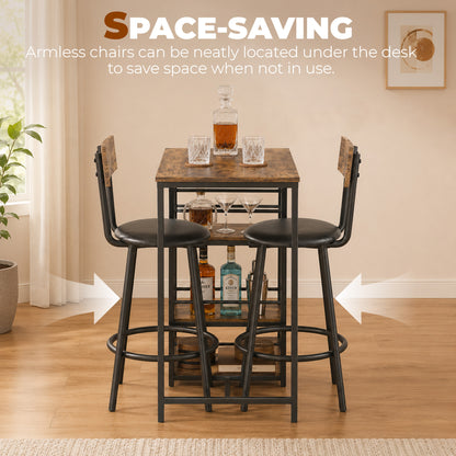 3 Piece Breakfast Bar Table Set, Space Saving Bar Table and PU Leather Stools for 2, Dining Table Set with Storage Shelves, Rustic Brown