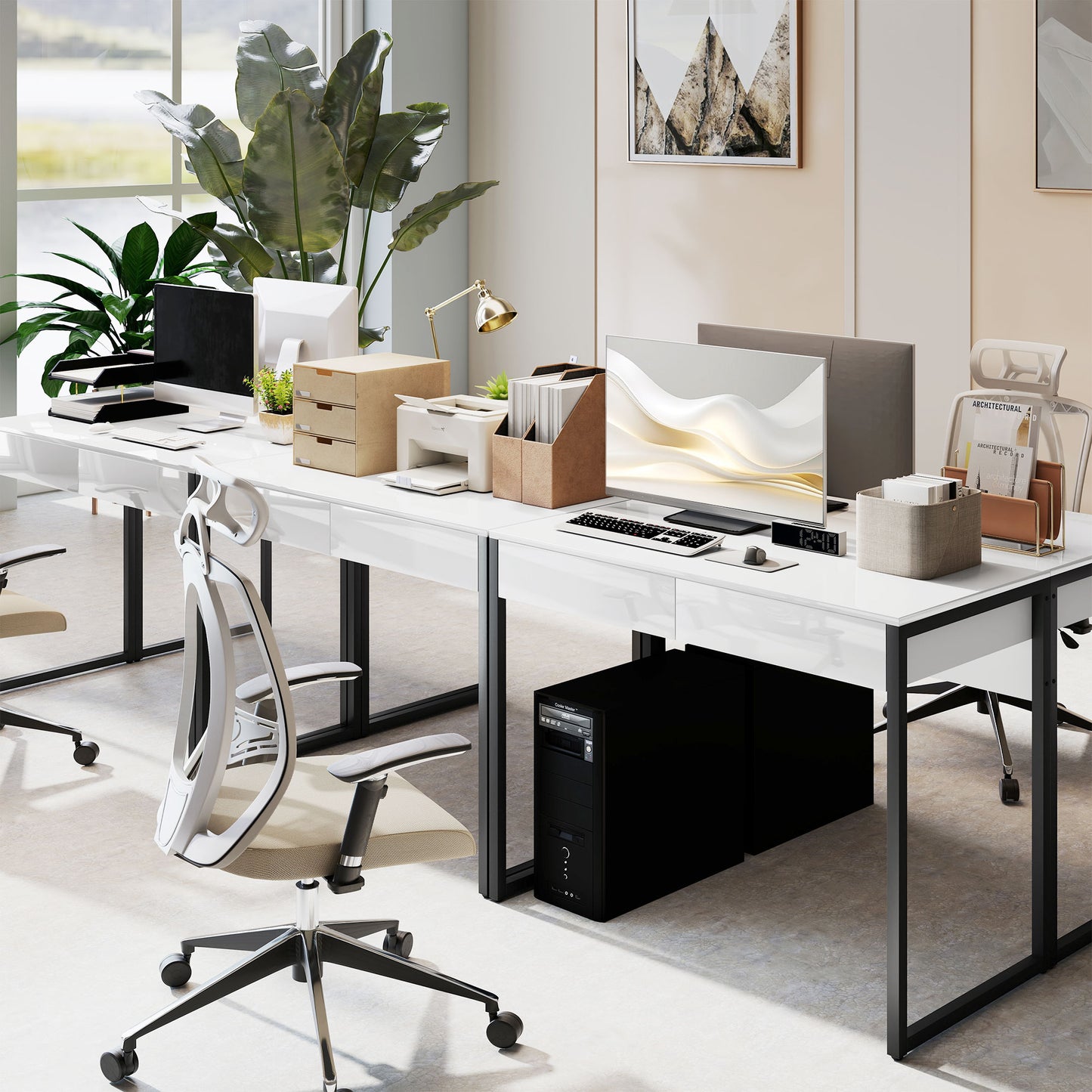 Modern Home Office Desk with High Gloss 2 Drawers Finish White Black
