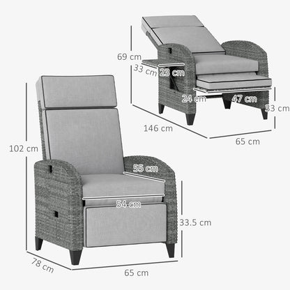 Outdoor Recliner Chair w/ Cushion Rattan Reclining Lounge Chair, Grey