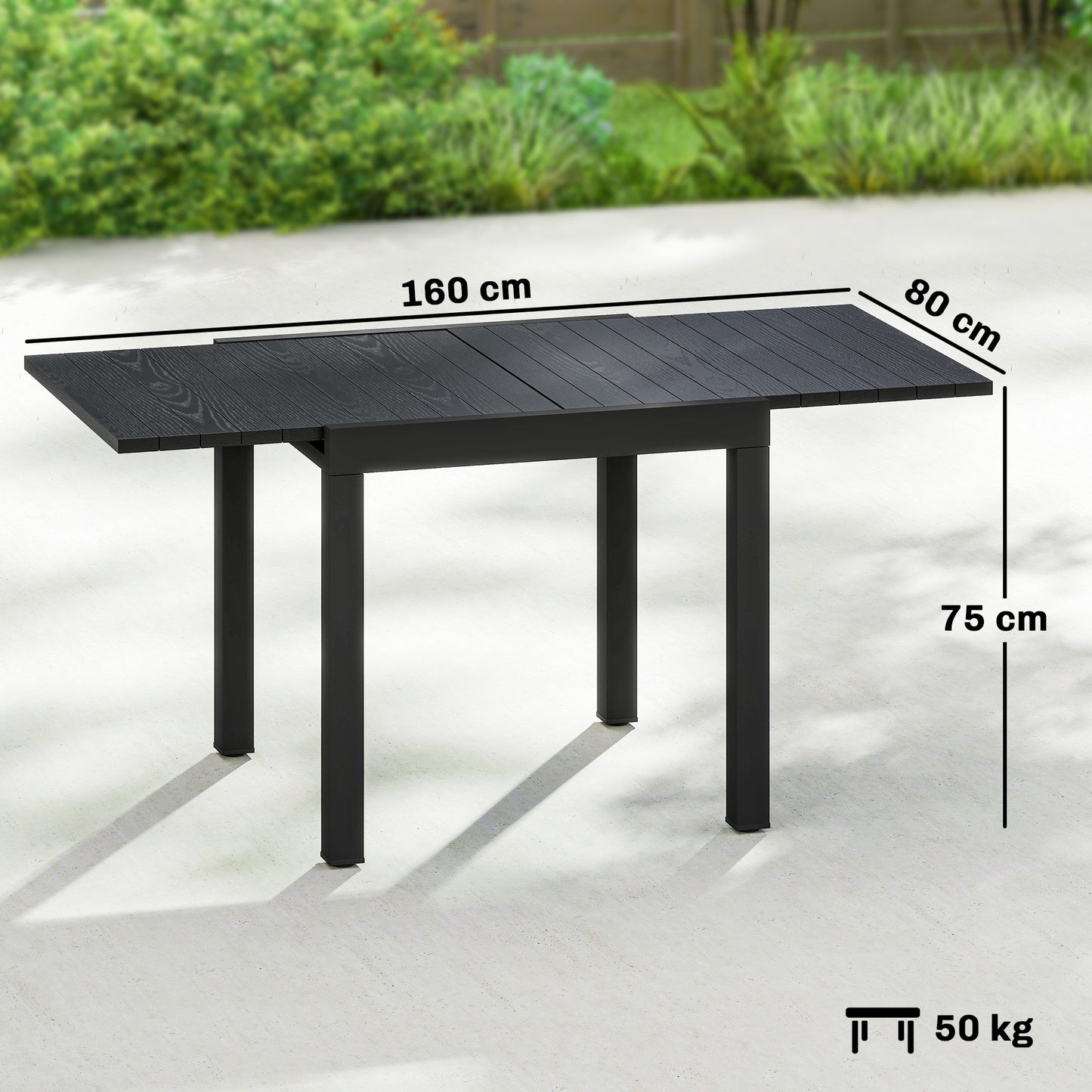 Aluminium Extending Garden Table with Faux Wood Slatted Top, Black