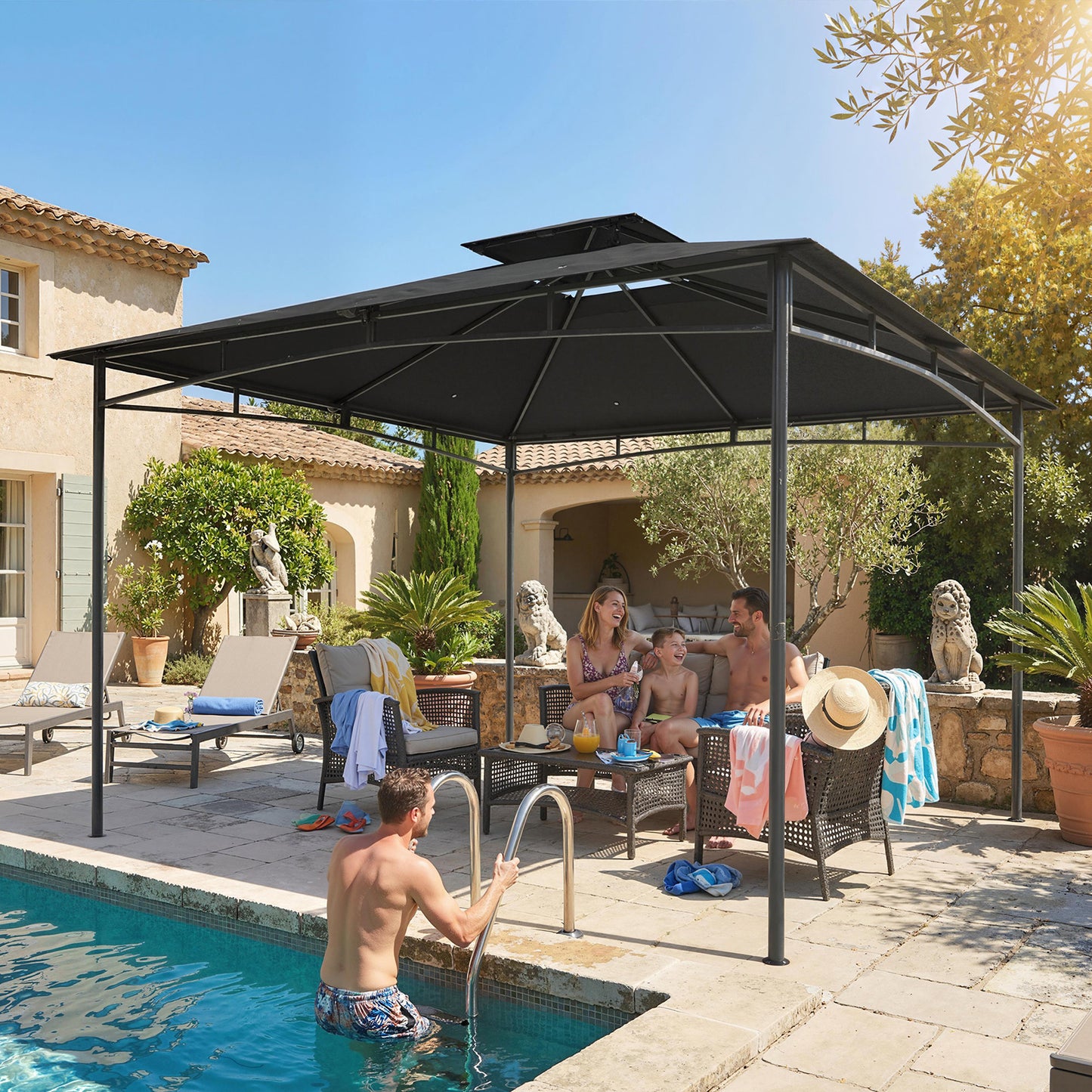 Outsunny 3 x 3 m Gazebo, Outdoor Gazebo Canopy with 2-Tier Roof, Dark Grey