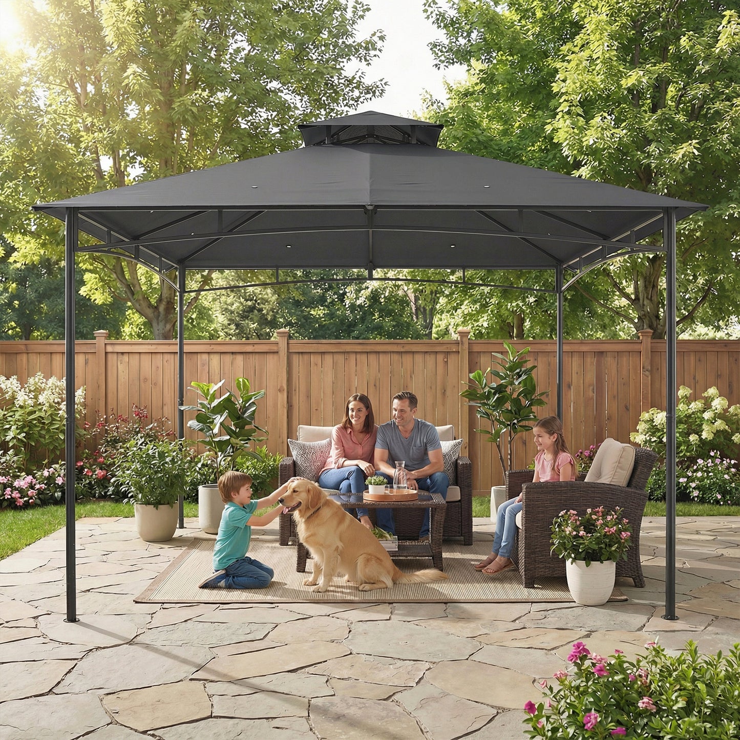 Outsunny 3 x 3 m Gazebo, Outdoor Gazebo Canopy with 2-Tier Roof, Dark Grey