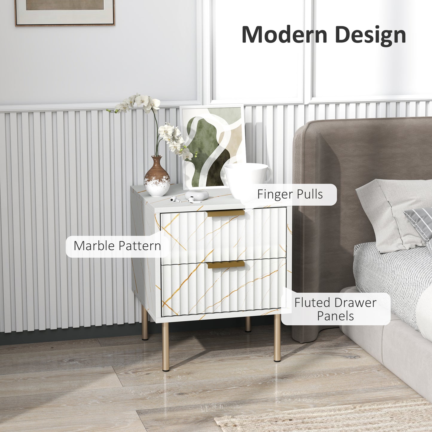 Bedside Table Bedside Cabinet with 2 Drawers for Bedroom, White