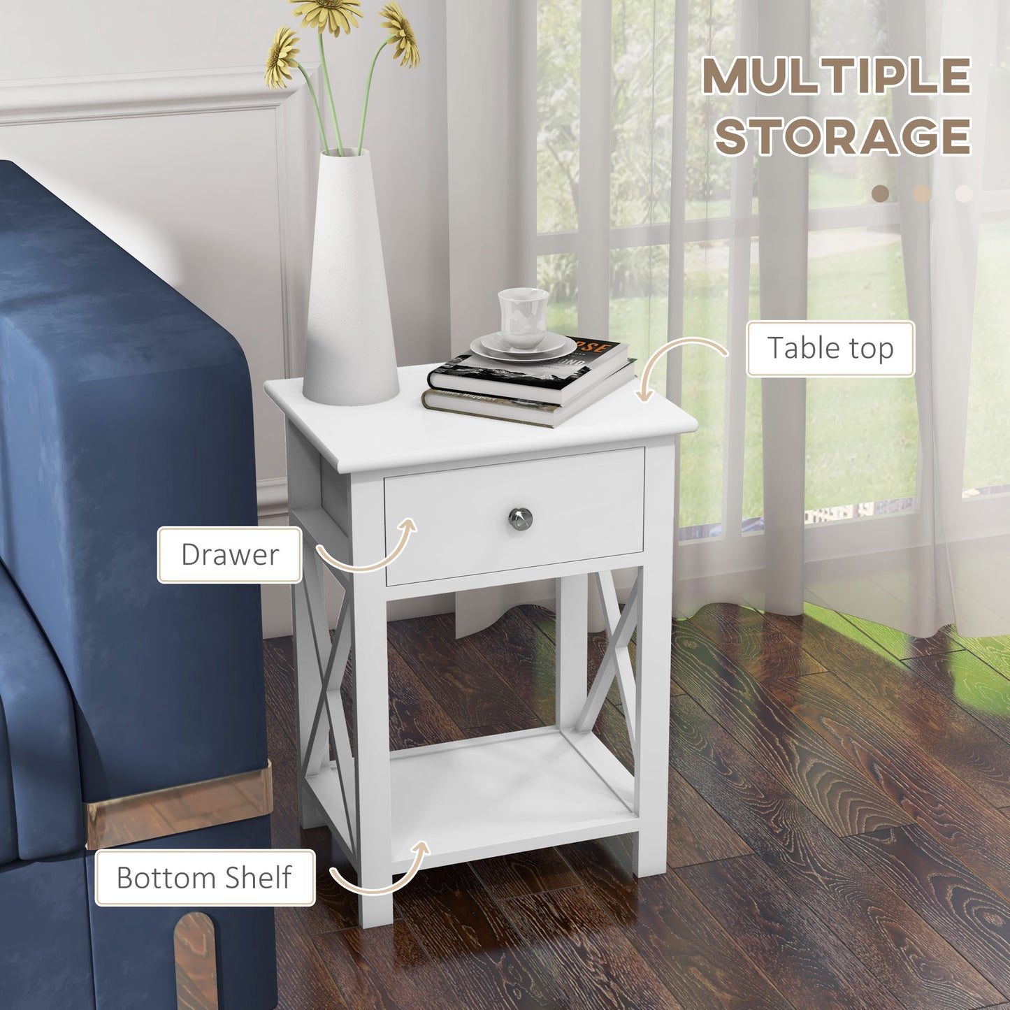 55cm End Side Table w/ Drawer Shelf Home Storage Furniture White
