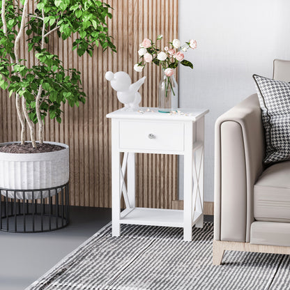 55cm End Side Table w/ Drawer Shelf Home Storage Furniture White