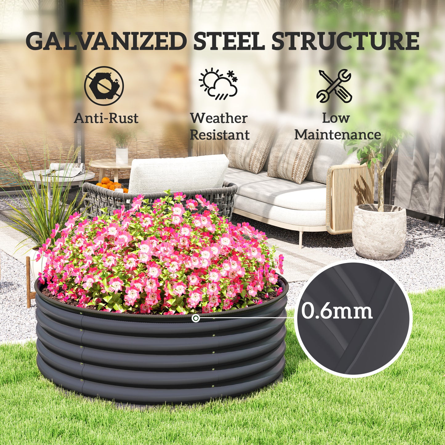 Galvanised Planter with Gloves, 120 x 120 x 43cm, Dark Grey