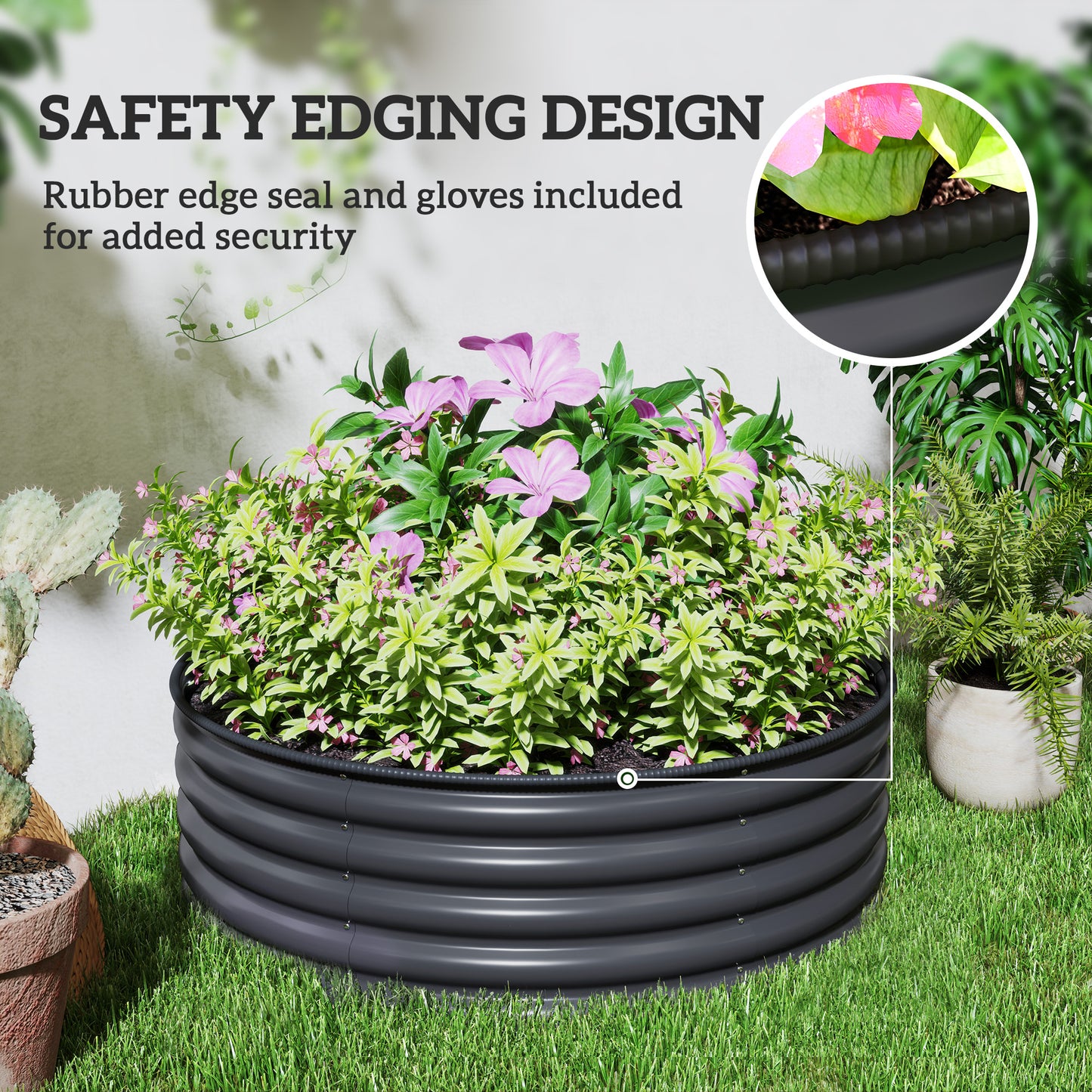 Galvanised Planter with Gloves, 120 x 120 x 43cm, Dark Grey