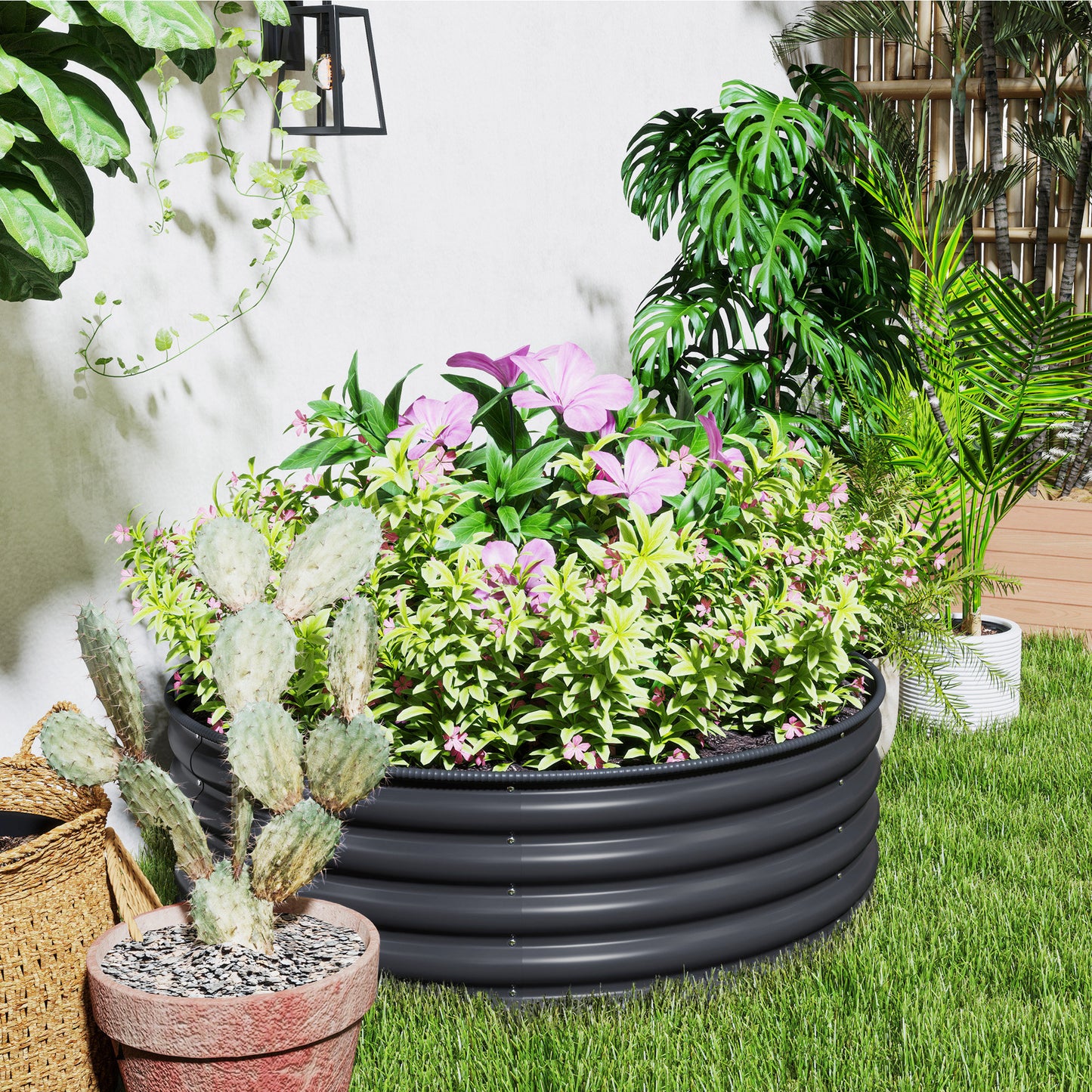 Galvanised Planter with Gloves, 120 x 120 x 43cm, Dark Grey
