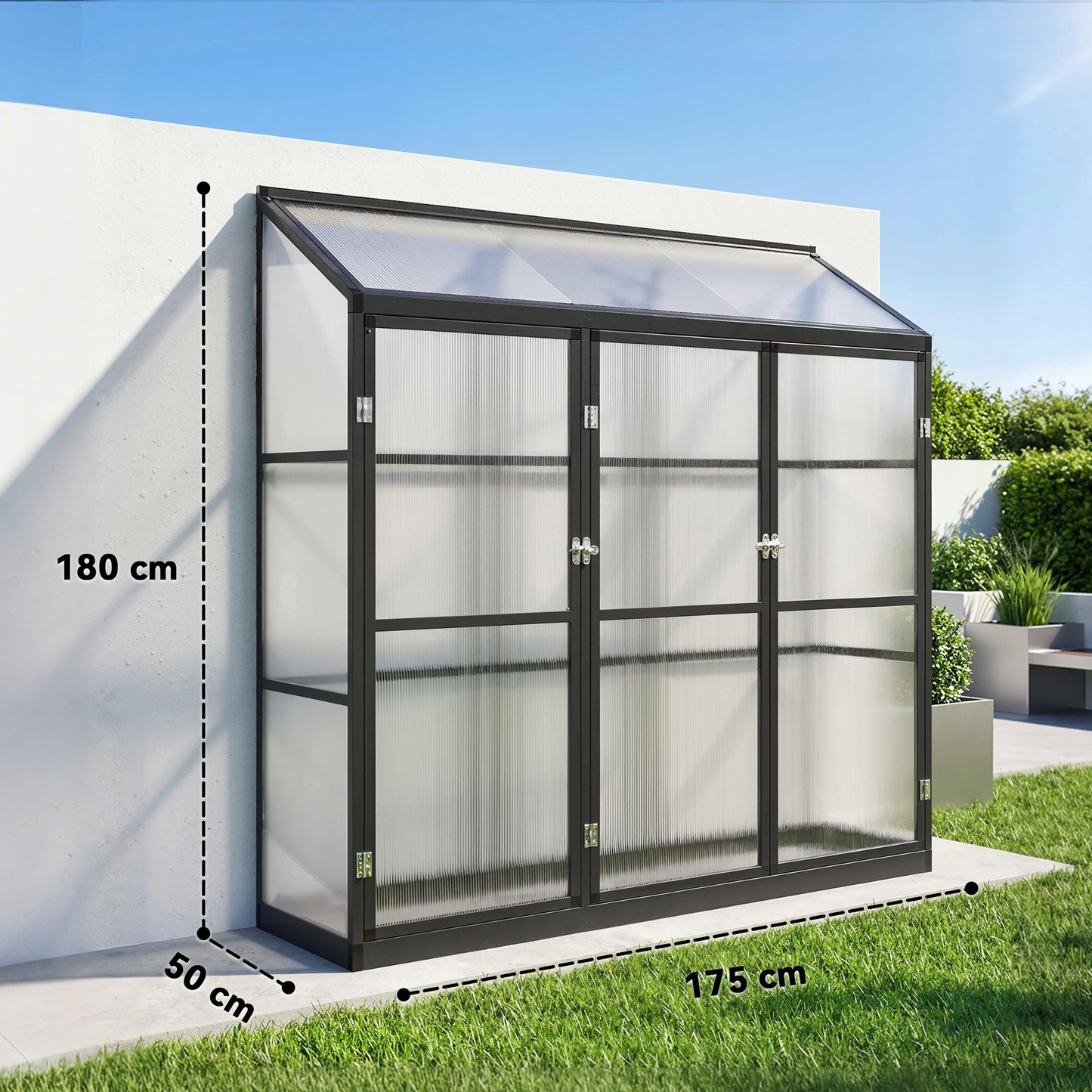 Polycarbonate Greenhouse with 3 Doors, Aluminium Walk-in Greenhouse