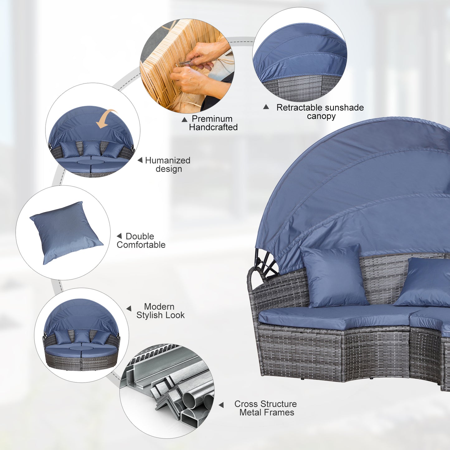 5-Seater Rattan Garden Furniture Cushioned Wicker Round  Bed with Coffee Table Patio Conversation Furniture Set, Grey with Blue Cushions