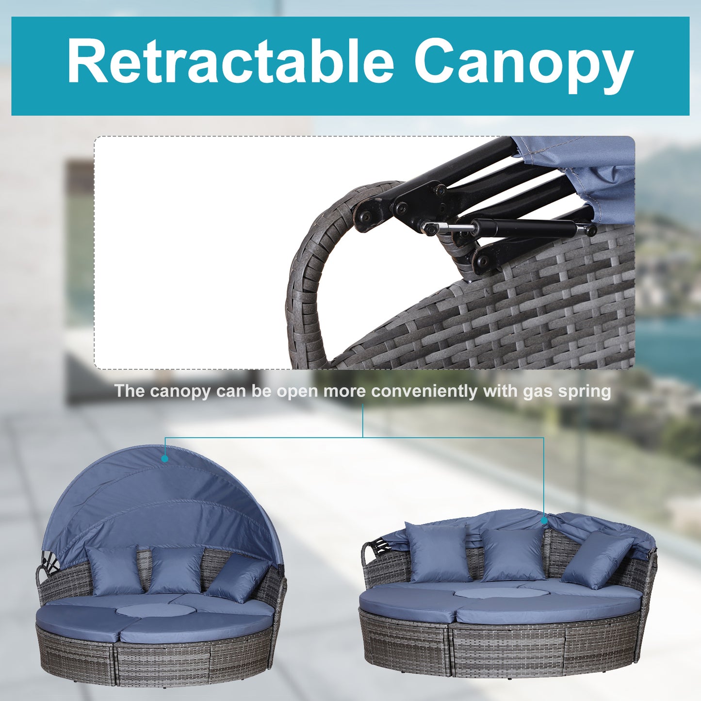5-Seater Rattan Garden Furniture Cushioned Wicker Round  Bed with Coffee Table Patio Conversation Furniture Set, Grey with Blue Cushions