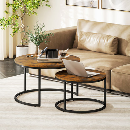 2 Pcs Stacking Coffee Table Set with Steel Frame, Rustic Brown