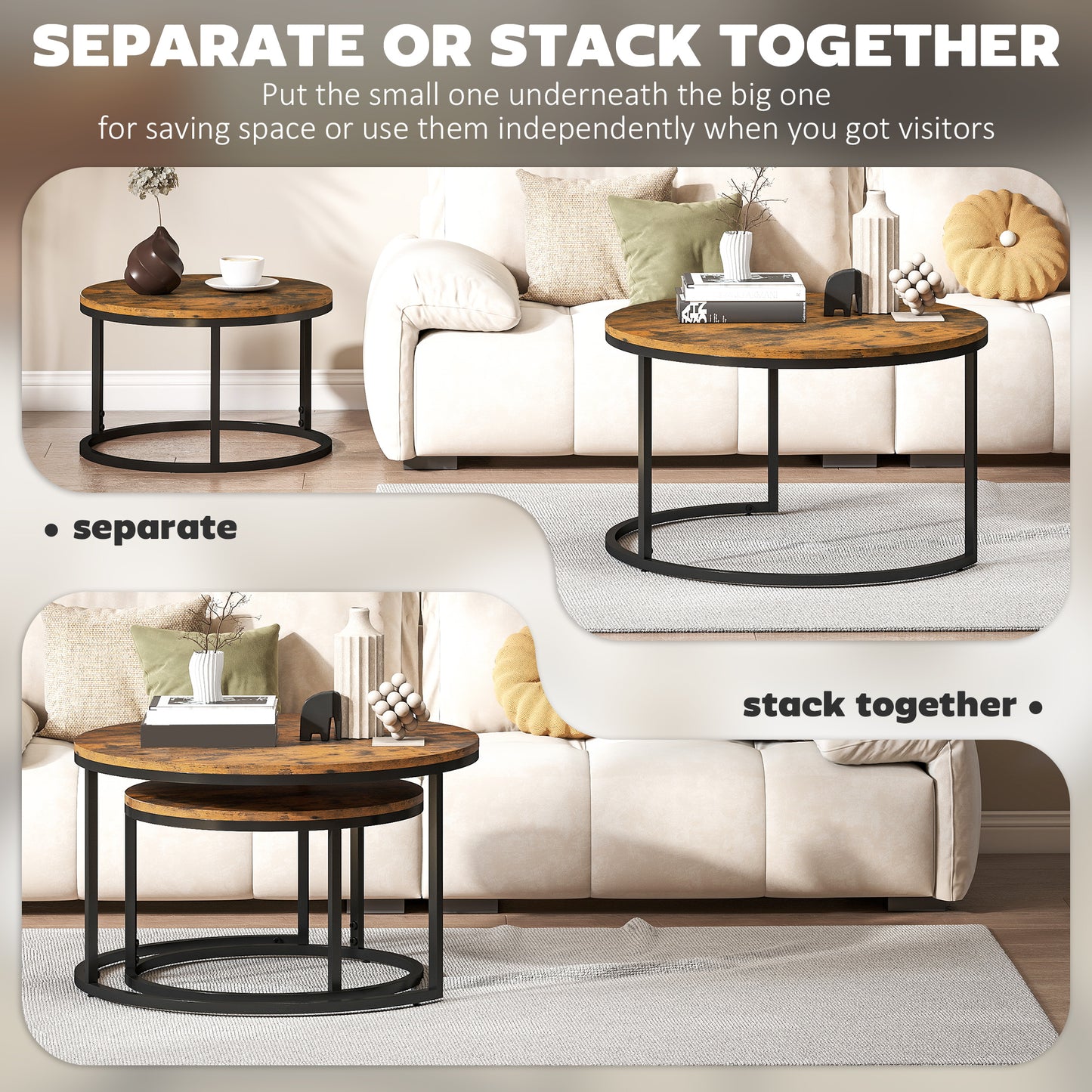 2 Pcs Stacking Coffee Table Set with Steel Frame, Rustic Brown