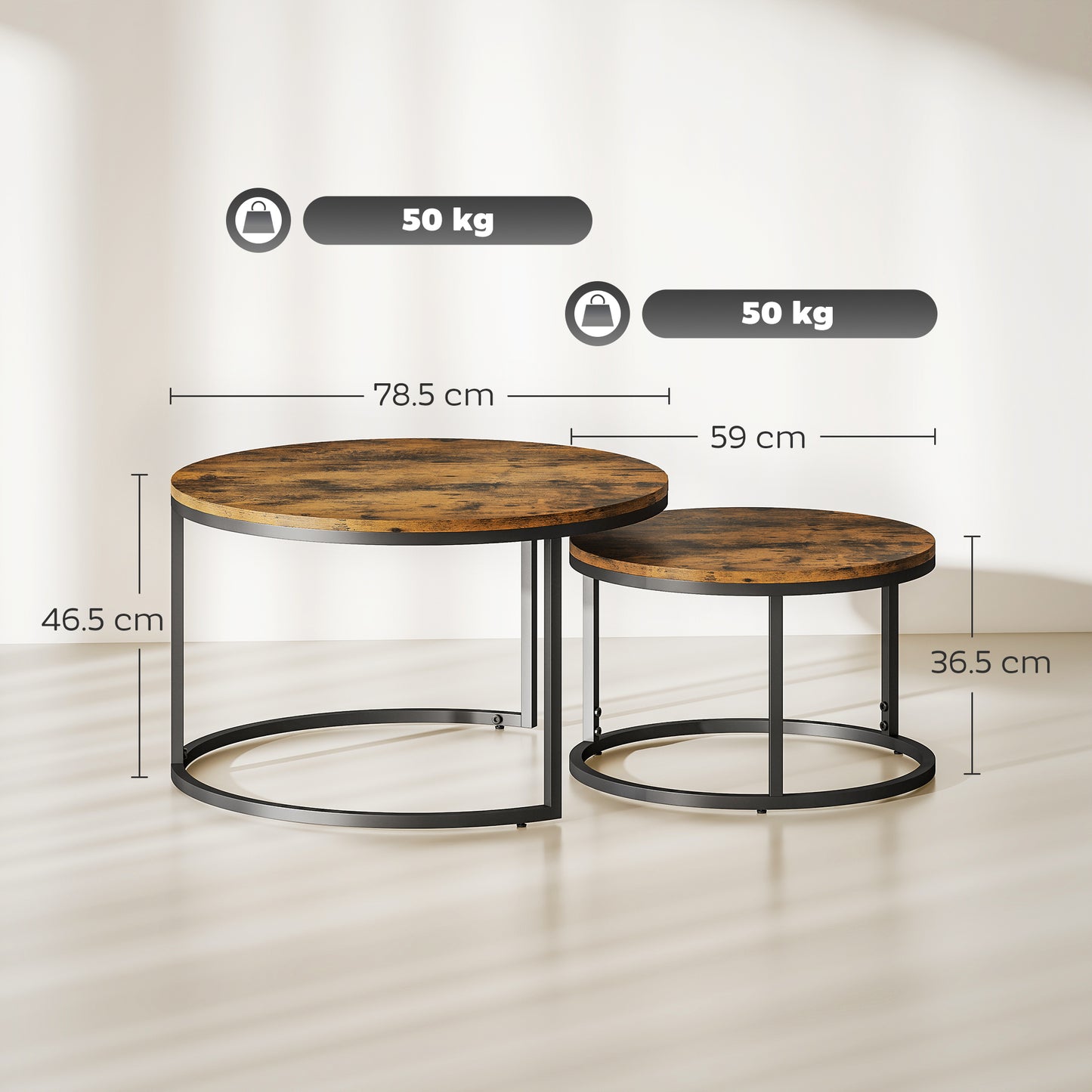 2 Pcs Stacking Coffee Table Set with Steel Frame, Rustic Brown