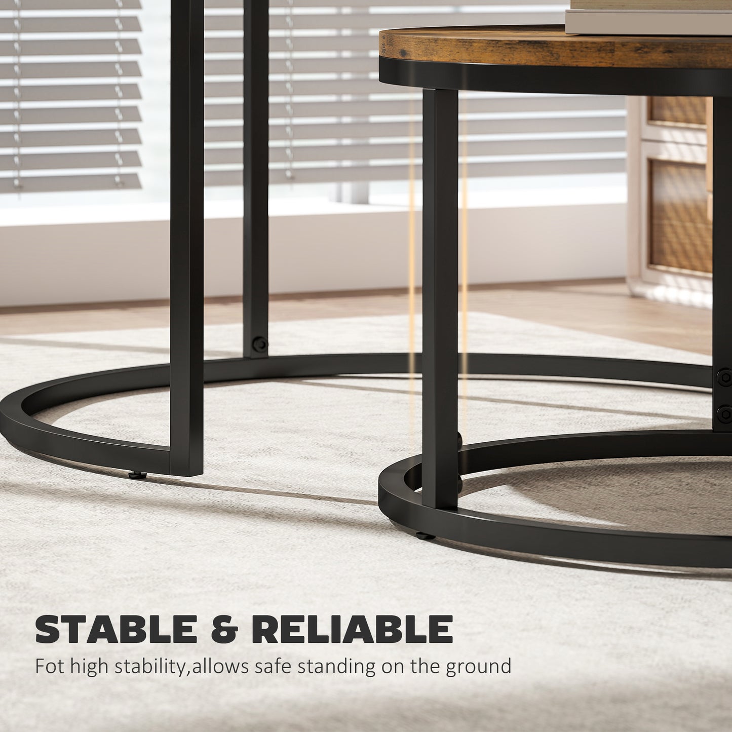 2 Pcs Stacking Coffee Table Set with Steel Frame, Rustic Brown