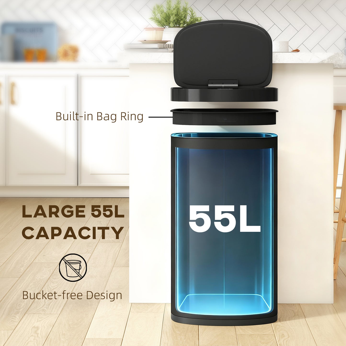 Automatic Kitchen Bin with Soft-Close Lid, 55L Sensor Wastebasket