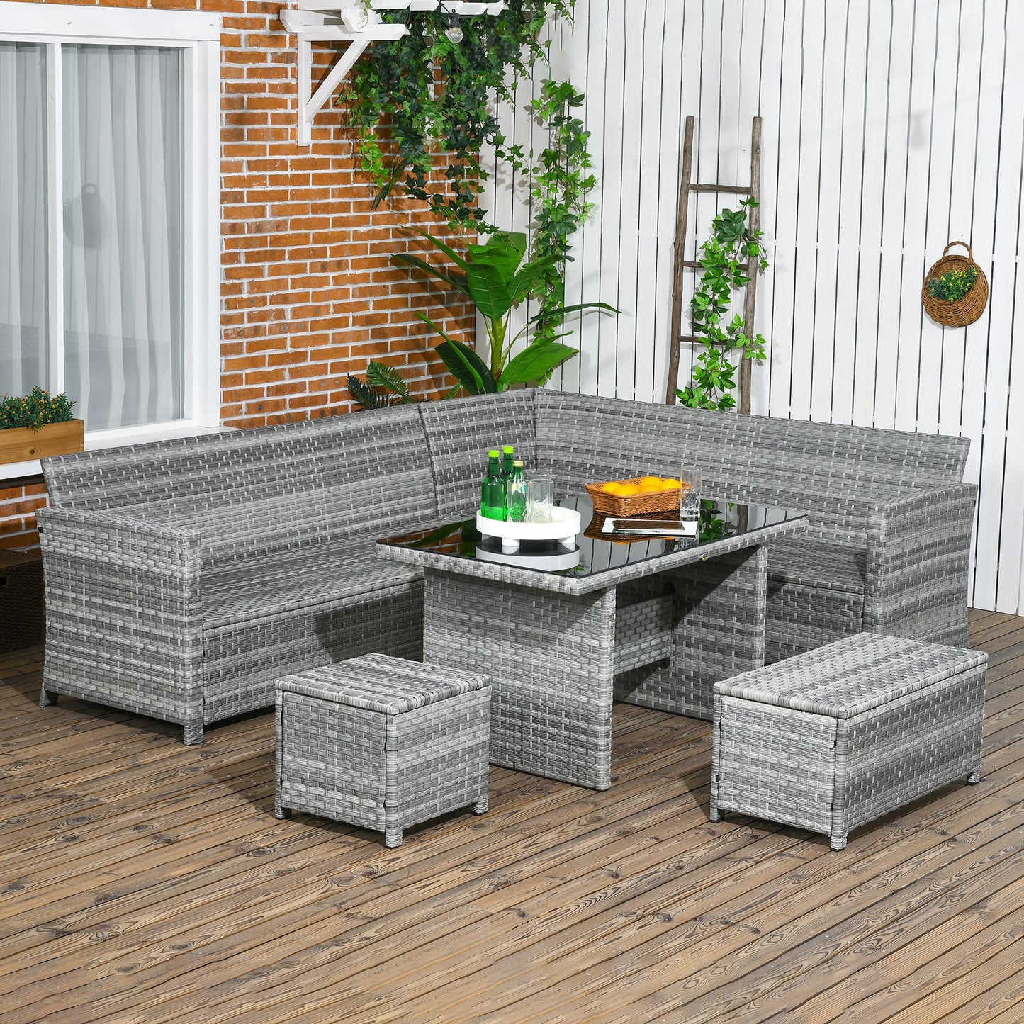 5 PCs Rattan Garden Furniture Set with Stools, Table, Cushion, Grey