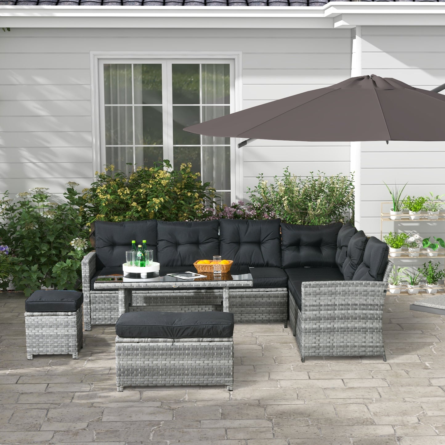 5 PCs Rattan Garden Furniture Set with Stools, Table, Cushion, Grey