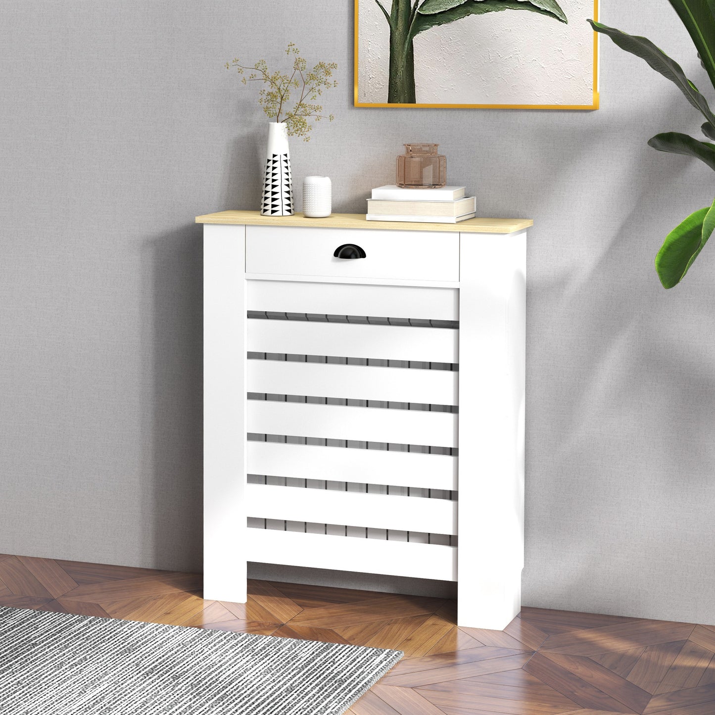 Radiator Cover with Drawer, Horizontal Slat, 78cm, White