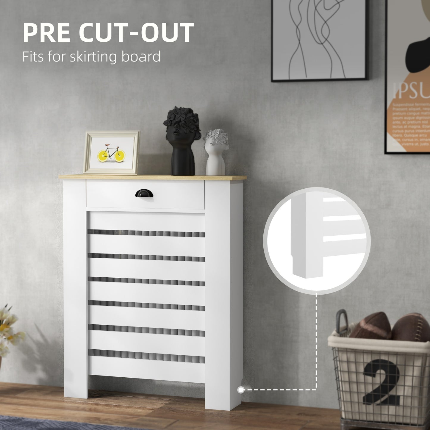 Radiator Cover with Drawer, Horizontal Slat, 78cm, White