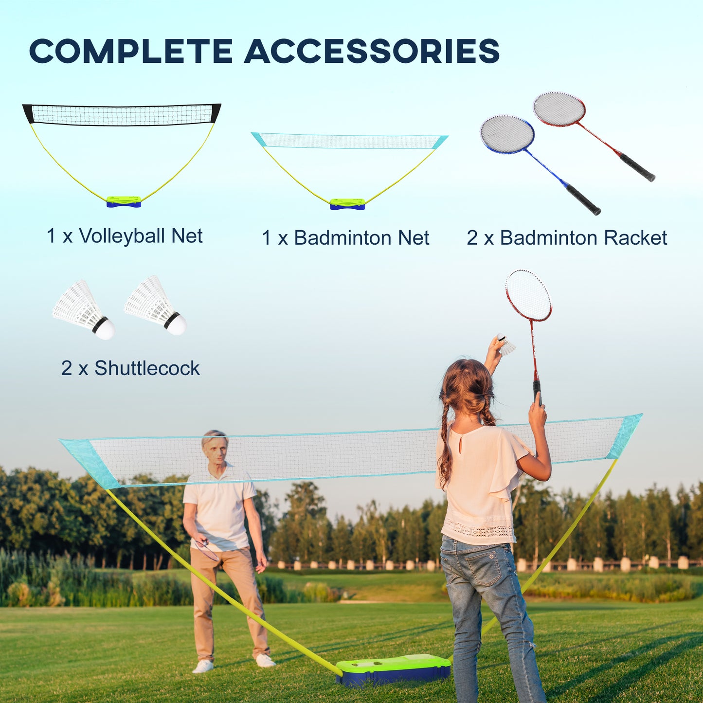 Portable Badminton Net Set w/ Volleyball Net, Rackets, Shuttlecocks