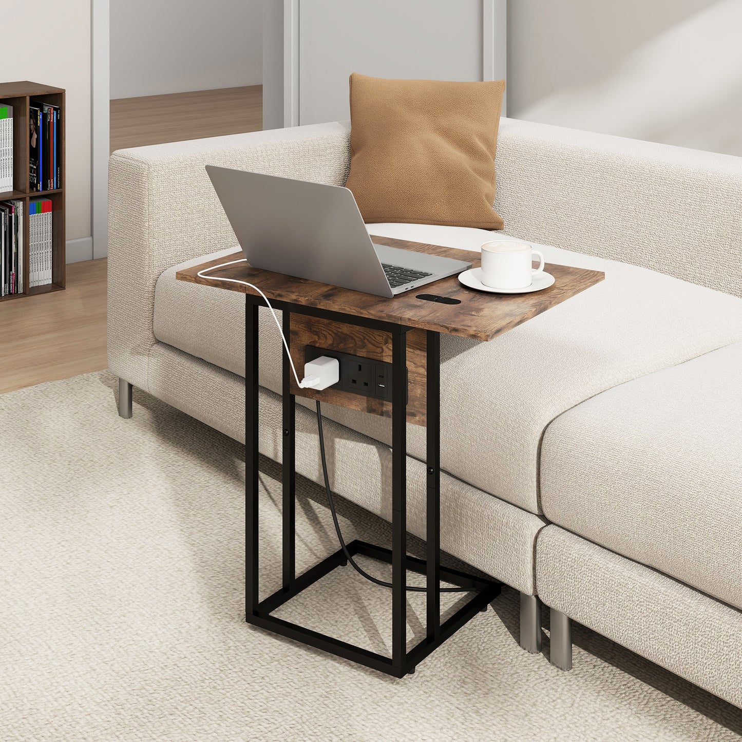 C Shaped Side Table with Charging Station and Foldable Top