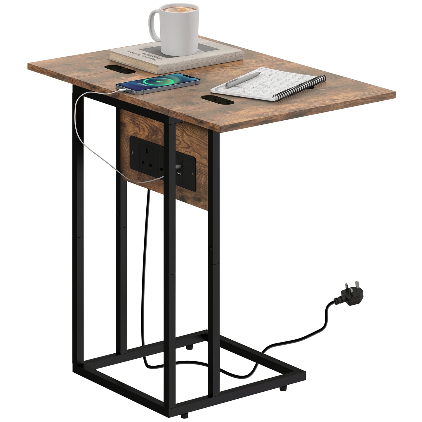 C Shaped Side Table with Charging Station and Foldable Top