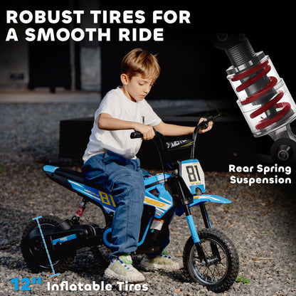 Kids Electric Motorbike, 24V Battery Powered Dirt Bike with 250W Motor, 6-16km/h, 7AH Batteries, 12" Inflatable Tires and Rear Suspension, Ride On Motorcycle for 8-12 Years Old, Blue