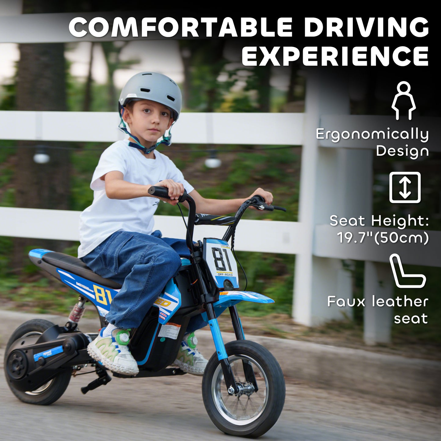 Kids Electric Motorbike, 24V Battery Powered Dirt Bike with 250W Motor, 6-16km/h, 7AH Batteries, 12" Inflatable Tires and Rear Suspension, Ride On Motorcycle for 8-12 Years Old, Blue