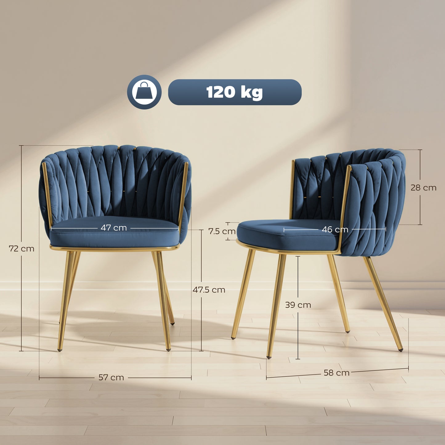Upholstered Kitchen Chairs Set of 2 with Woven Backrest, Dark Blue