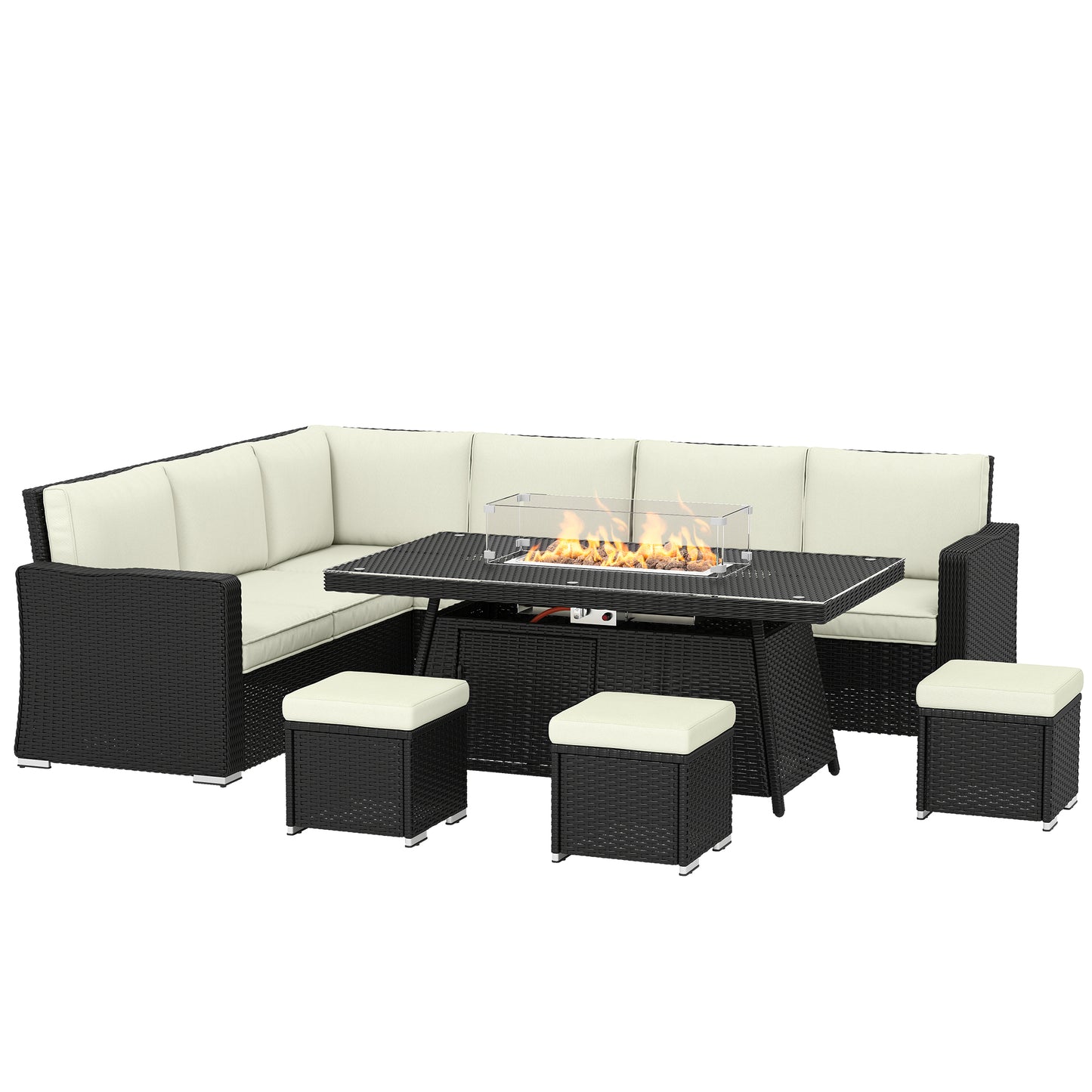 7 Pieces Rattan Garden Furniture Set w/ 50,000 BTU Fire Pit Table Black