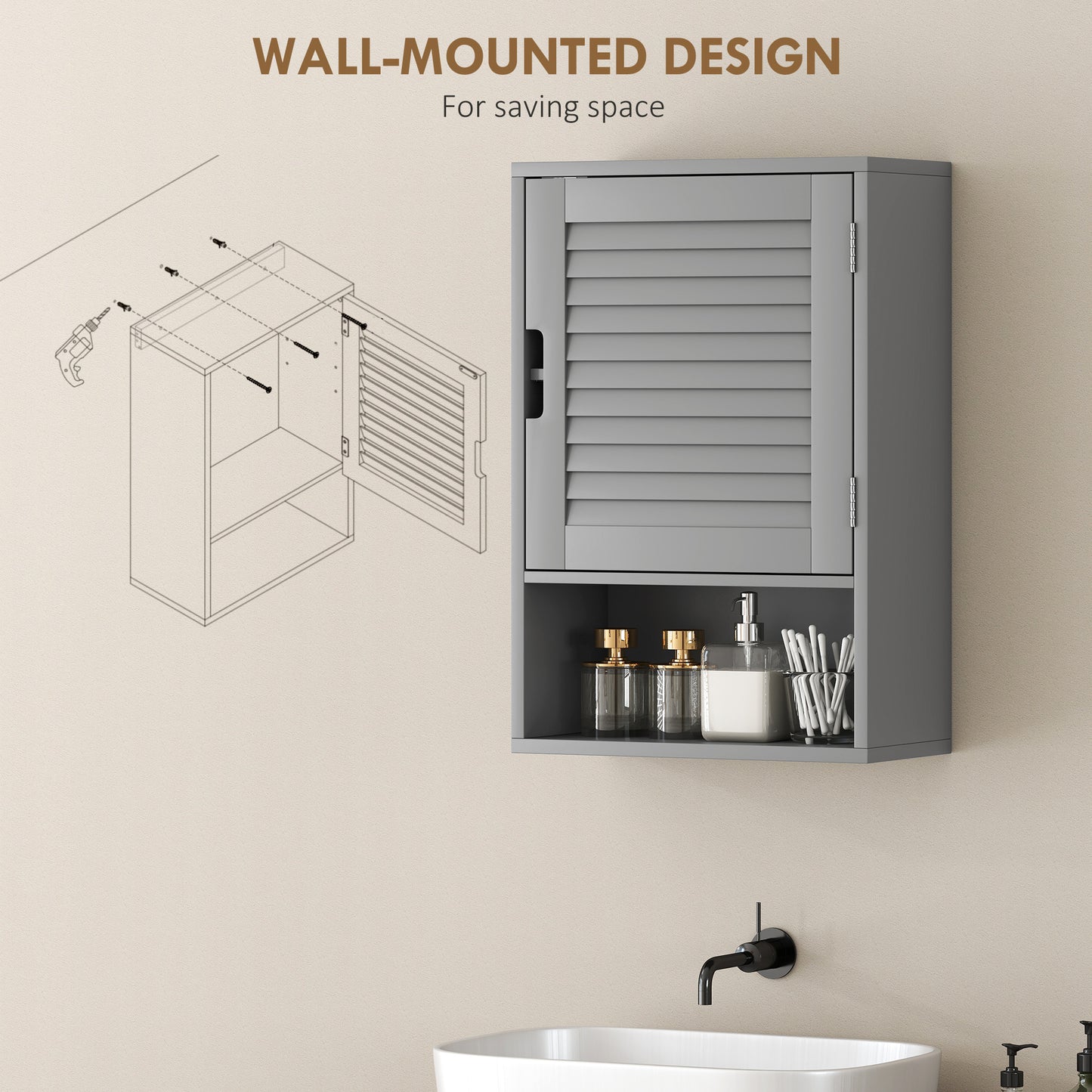 Bathroom Cabinet, Wall Mounted Cabinet with Adjustable Shelves, Grey