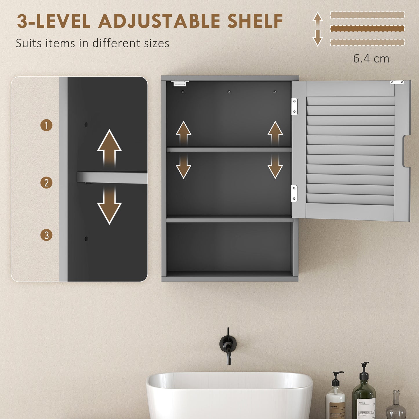 Bathroom Cabinet, Wall Mounted Cabinet with Adjustable Shelves, Grey
