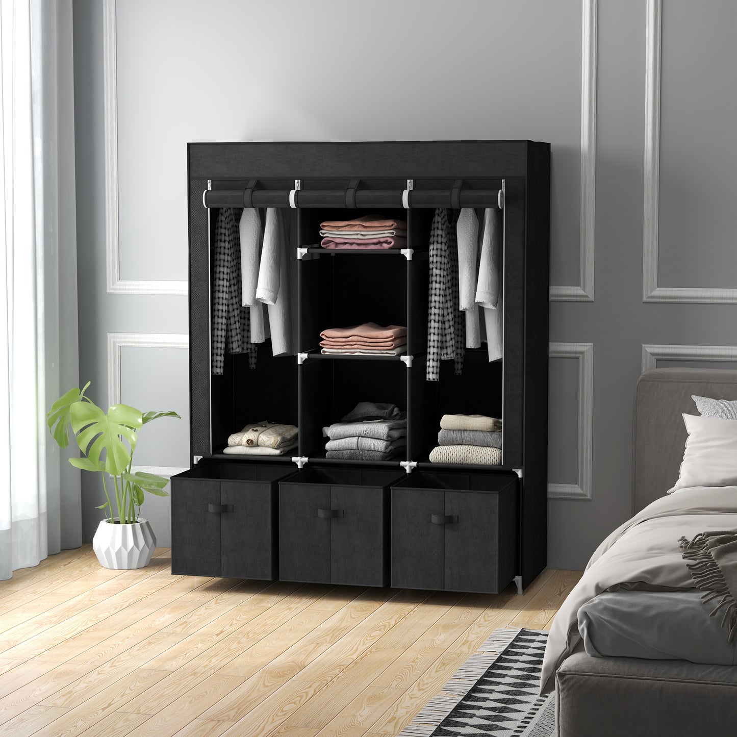 Portable Fabric Wardrobe with 5 Shelves and 3 Fabric Drawers, Black