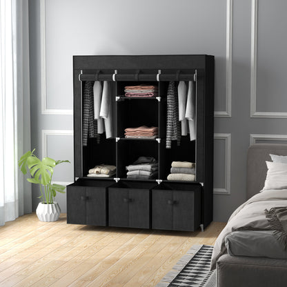 Portable Fabric Wardrobe with 5 Shelves and 3 Fabric Drawers, Black