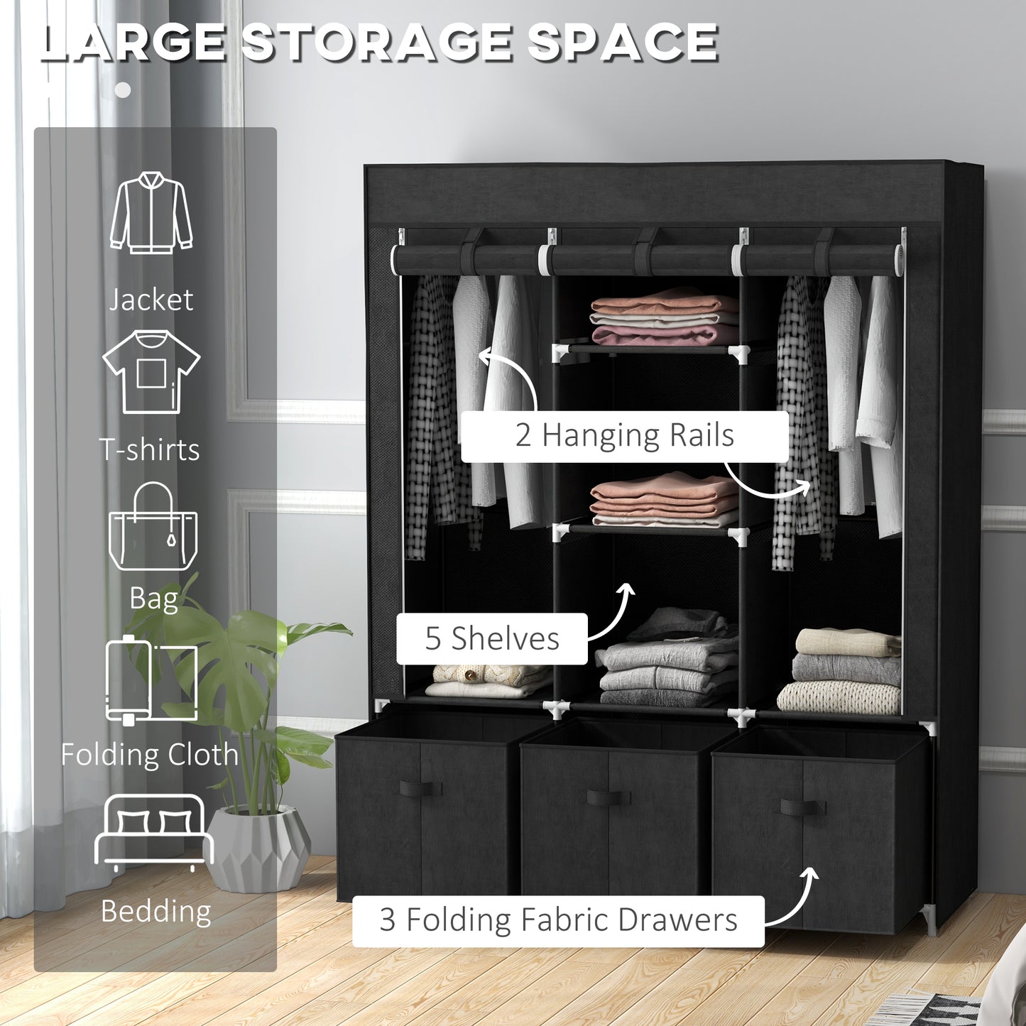 Portable Fabric Wardrobe with 5 Shelves and 3 Fabric Drawers, Black