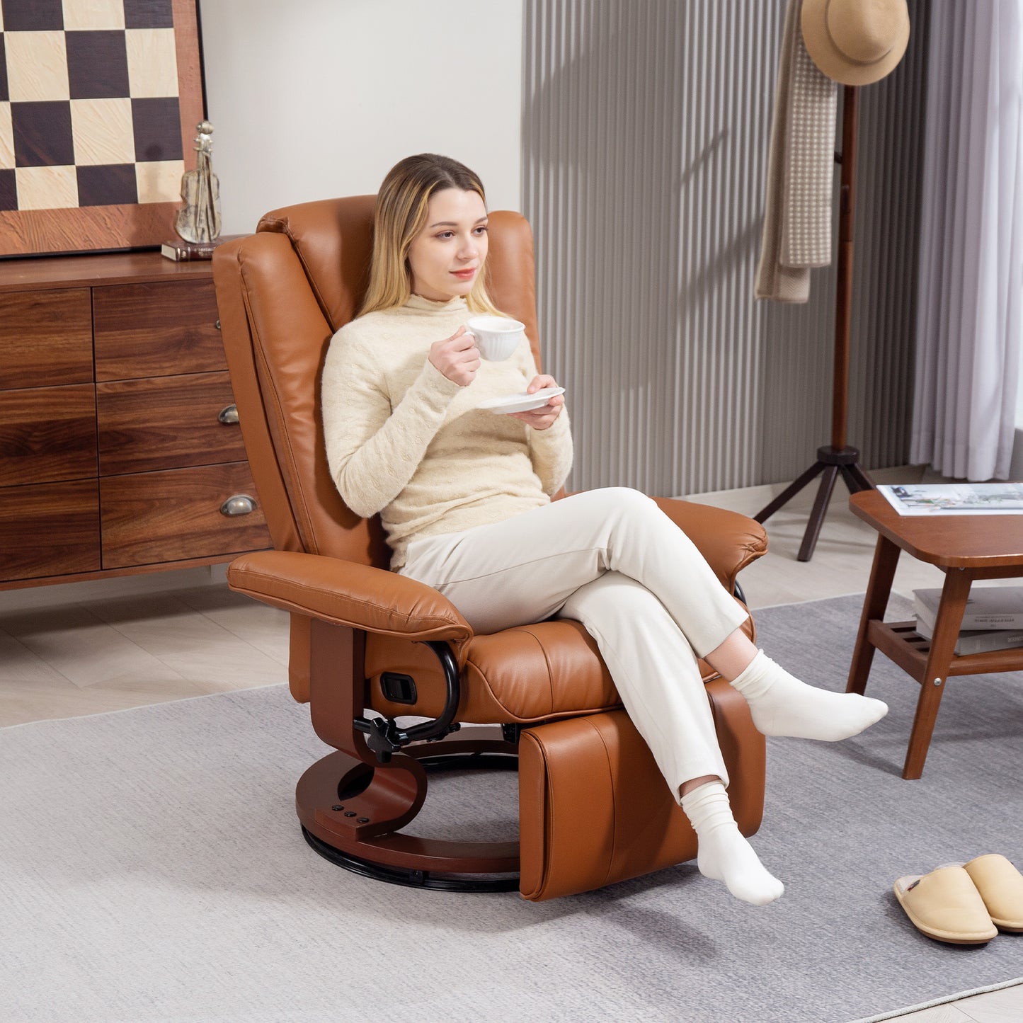 PU Leather Reclining Armchair with Footrest for Living Room, Brown