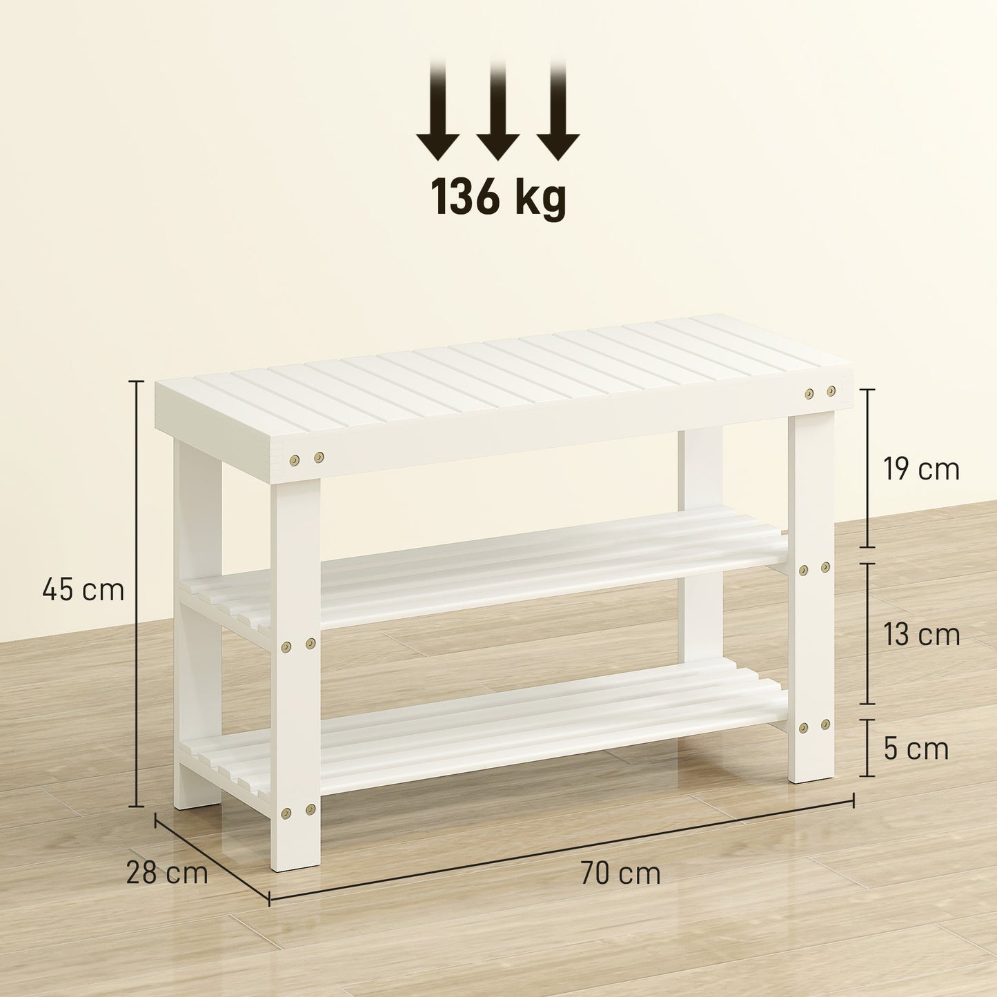 3-Tier Bamboo Shoe Bench with 2 Shelves for Entryway, White